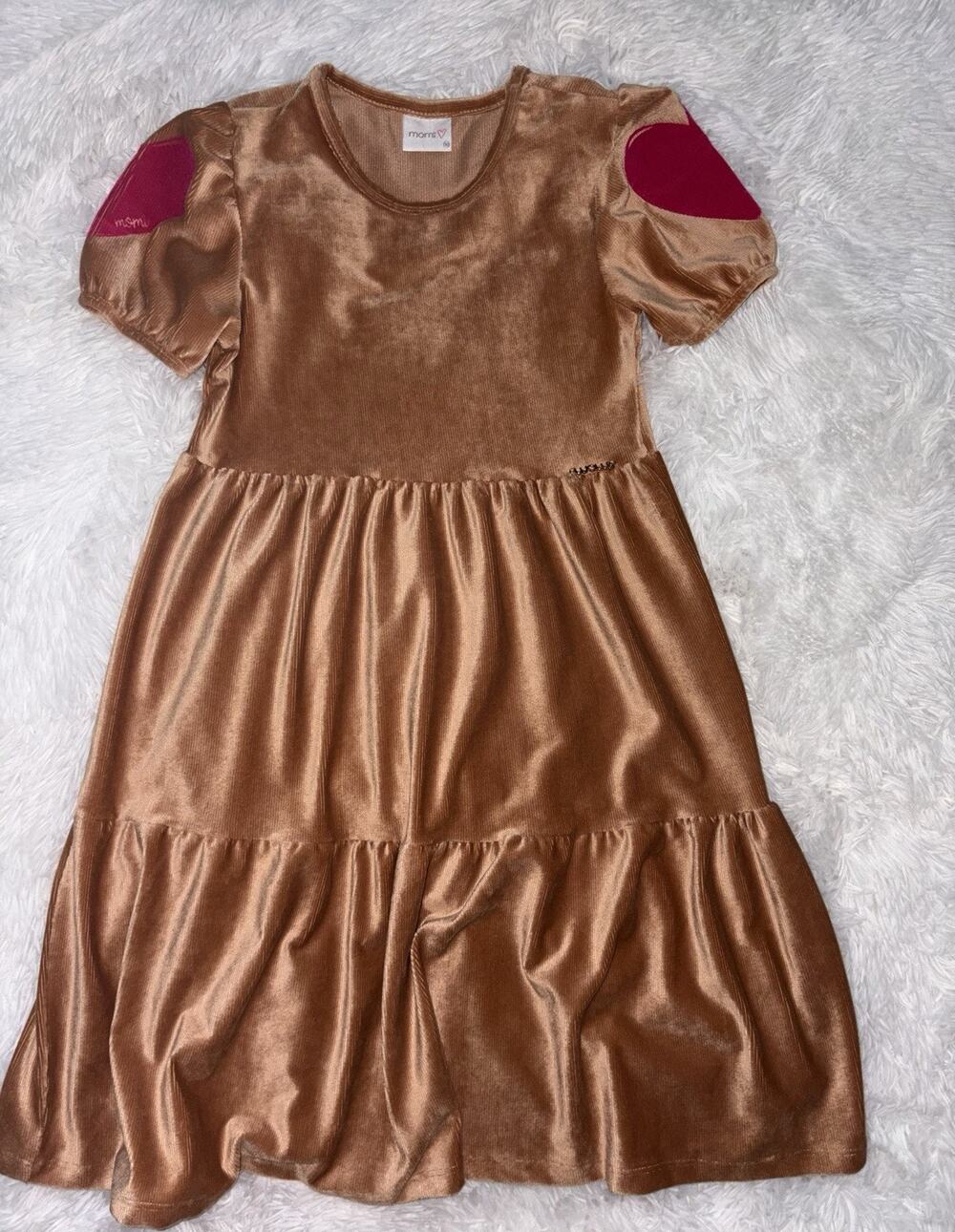 Momi Girls 10 Soft Plush Brown Heart Sleeved Tiered Dress. So Soft, Exc. Cond